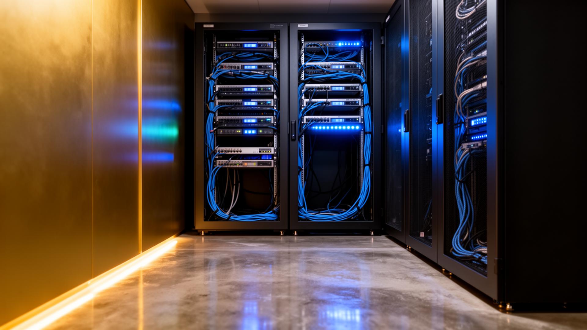 Custom small business server room built by ORIONone with neat cable management and LED indicators