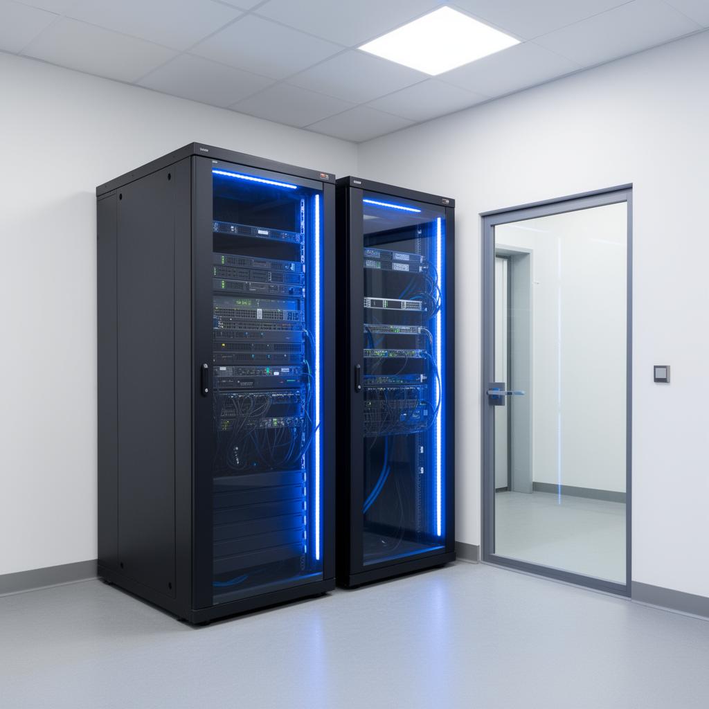Compact mini data center with dual server racks for small business
